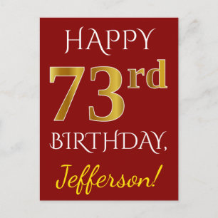 赤、フェイク金ゴールド73番目の誕生日+名前をカスタムする ポストカード