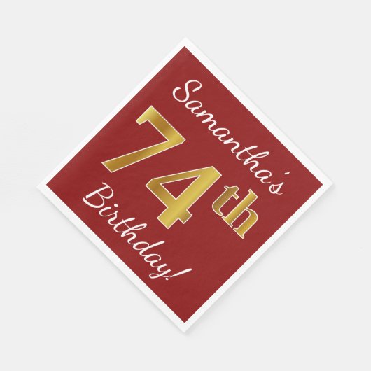 赤、フェイク金ゴールド74番目の誕生日+名前をカスタムする スタンダードランチョンナプキン (角)