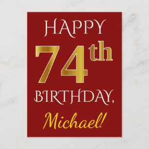 赤、フェイク金ゴールド74番目の誕生日+名前をカスタムする ポストカード