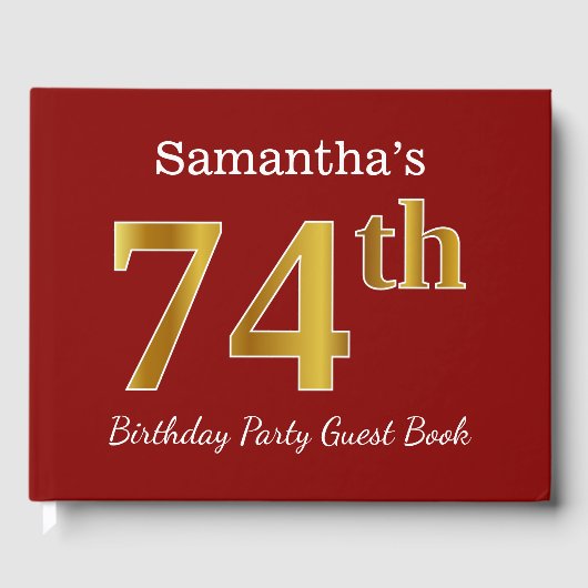 赤、フェイク金ゴールド74th誕生日パーティー+名前をカスタムする ゲストブック (正面)