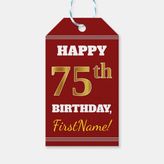 赤、フェイク金ゴールド75誕生日+名前をカスタムする ギフトタグ (正面)