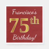 赤、フェイク金ゴールド75誕生日+名前をカスタムする スタンダードランチョンナプキン (正面)