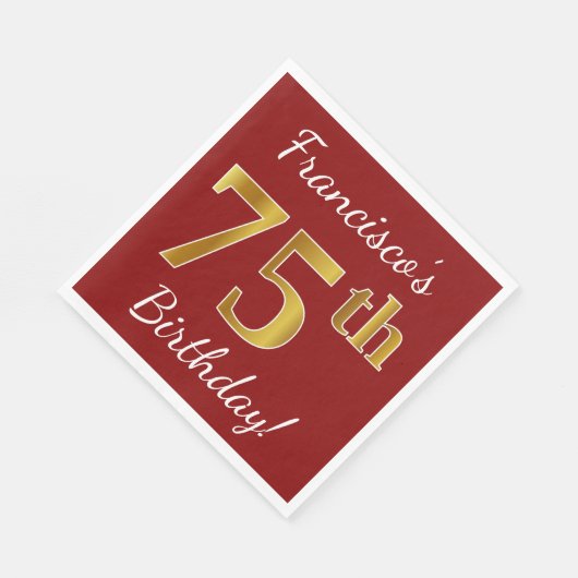 赤、フェイク金ゴールド75誕生日+名前をカスタムする スタンダードランチョンナプキン (角)