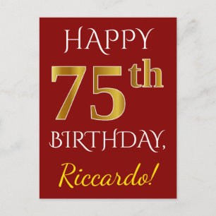 赤、フェイク金ゴールド75誕生日+名前をカスタムする ポストカード
