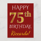 赤、フェイク金ゴールド75誕生日+名前をカスタムする ポストカード (正面)