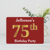 赤、フェイク金ゴールド75th誕生日パーティー+名前をカスタムする 招待状 (スタンド正面)