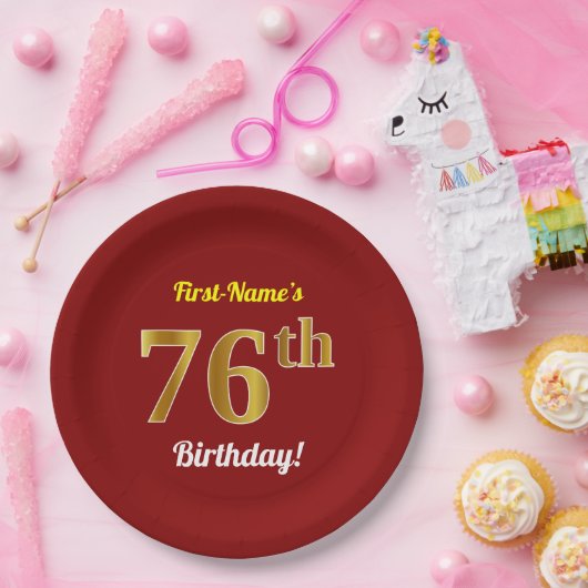 赤、フェイク金ゴールド76番目の誕生日+名前をカスタムする ペーパープレート (パーティー)