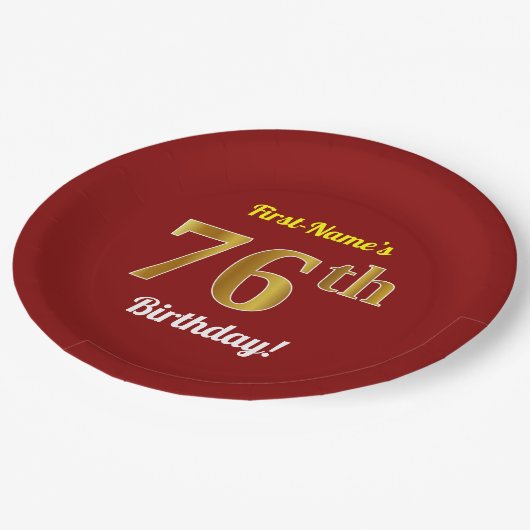 赤、フェイク金ゴールド76番目の誕生日+名前をカスタムする ペーパープレート