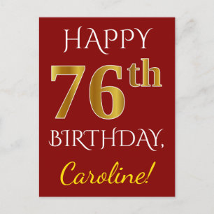 赤、フェイク金ゴールド76番目の誕生日+名前をカスタムする ポストカード