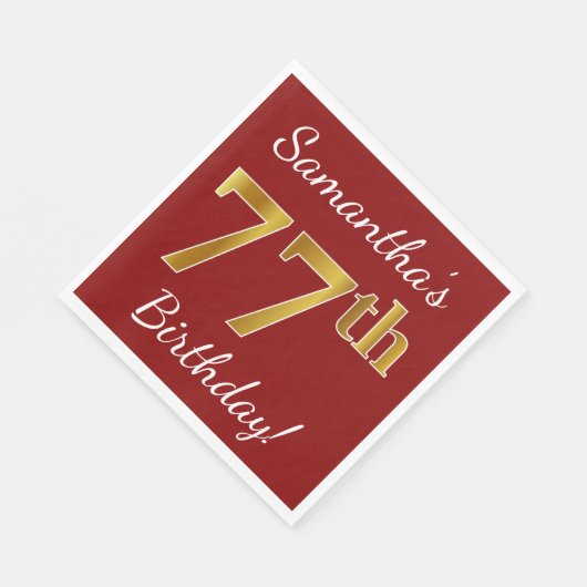 赤、フェイク金ゴールド77番目の誕生日+名前をカスタムする スタンダードランチョンナプキン (角)