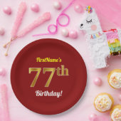 赤、フェイク金ゴールド77番目の誕生日+名前をカスタムする ペーパープレート (パーティー)
