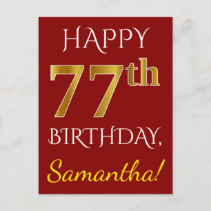 赤、フェイク金ゴールド77番目の誕生日+名前をカスタムする ポストカード