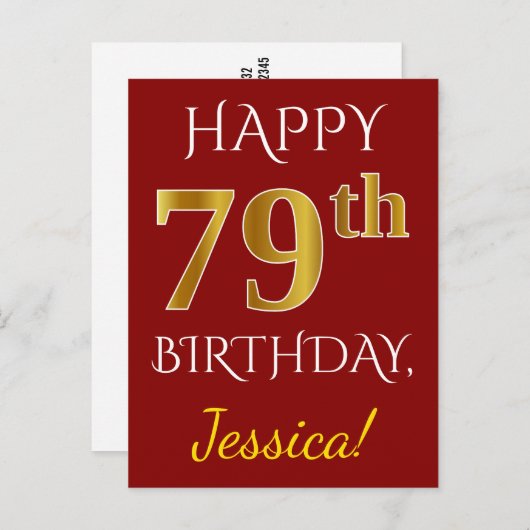 赤、フェイク金ゴールド79誕生日+名前をカスタムする ポストカード (正面/裏面)