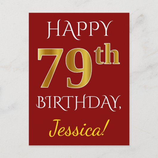 赤、フェイク金ゴールド79誕生日+名前をカスタムする ポストカード (正面)