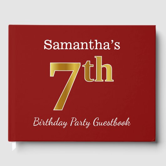 赤、フェイク金ゴールド7th誕生日パーティー+名前をカスタムする ゲストブック (正面)
