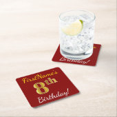 赤、フェイク金ゴールド8誕生日+名前をカスタムする スクエアペーパーコースター (インサイチュ)