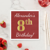 赤、フェイク金ゴールド8誕生日+名前をカスタムする スタンダードランチョンナプキン (インサイチュ)