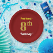 赤、フェイク金ゴールド8誕生日+名前をカスタムする ペーパープレート (パーティー)