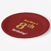 赤、フェイク金ゴールド8誕生日+名前をカスタムする ペーパープレート (アングル)