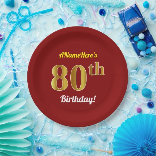 赤、フェイク金ゴールド80番目の誕生日+名前をカスタムする ペーパープレート (パーティー)