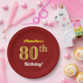 赤、フェイク金ゴールド80番目の誕生日+名前をカスタムする ペーパープレート (パーティー)
