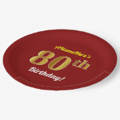 赤、フェイク金ゴールド80番目の誕生日+名前をカスタムする ペーパープレート (アングル)