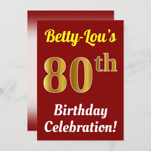 赤、フェイク金ゴールド80番目の誕生祝い+名前 招待状 (正面/裏面)