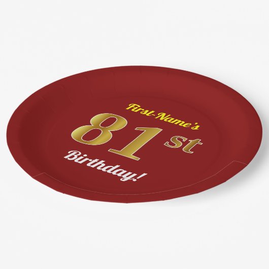 赤、フェイク金ゴールド81番目の誕生日+名前をカスタムする ペーパープレート (アングル)