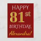 赤、フェイク金ゴールド81番目の誕生日+名前をカスタムする ポストカード (正面)