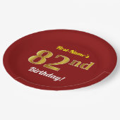 赤、フェイク金ゴールド82番目の誕生日+名前をカスタムする ペーパープレート (アングル)