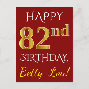 赤、フェイク金ゴールド82番目の誕生日+名前をカスタムする ポストカード