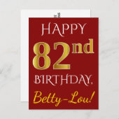 赤、フェイク金ゴールド82番目の誕生日+名前をカスタムする ポストカード (正面/裏面)