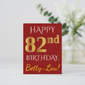 赤、フェイク金ゴールド82番目の誕生日+名前をカスタムする ポストカード (スタンド正面)