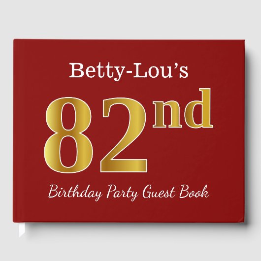赤、フェイク金ゴールド82nd誕生日パーティー+名前をカスタムする ゲストブック (正面)