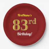 赤、フェイク金ゴールド83番目の誕生日+名前をカスタムする ペーパープレート (正面)