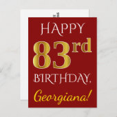 赤、フェイク金ゴールド83番目の誕生日+名前をカスタムする ポストカード (正面/裏面)
