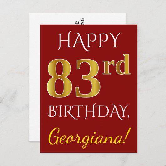 赤、フェイク金ゴールド83番目の誕生日+名前をカスタムする ポストカード (正面/裏面)
