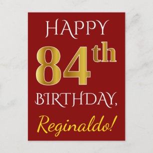 赤、フェイク金ゴールド84番目の誕生日+名前をカスタムする ポストカード