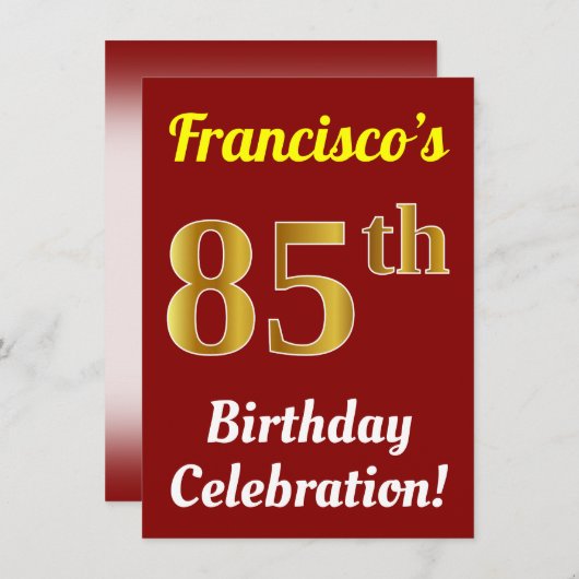 赤、フェイク金ゴールド85番目の誕生祝い+名前 招待状 (正面/裏面)