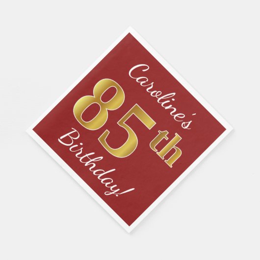 赤、フェイク金ゴールド85誕生日+名前をカスタムする スタンダードランチョンナプキン (角)