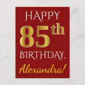 赤、フェイク金ゴールド85誕生日+名前をカスタムする ポストカード (正面)