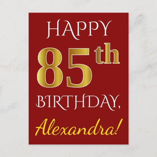 赤、フェイク金ゴールド85誕生日+名前をカスタムする ポストカード (正面)