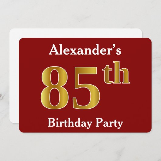 赤、フェイク金ゴールド85th誕生日パーティー+名前をカスタムする 招待状 (正面/裏面)