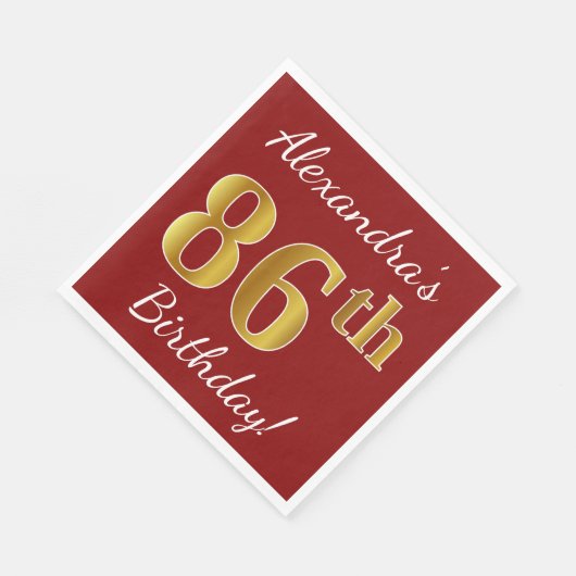 赤、フェイク金ゴールド86番目の誕生日+名前をカスタムする スタンダードランチョンナプキン (角)