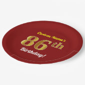 赤、フェイク金ゴールド86番目の誕生日+名前をカスタムする ペーパープレート (アングル)