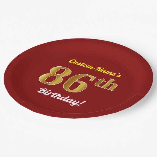 赤、フェイク金ゴールド86番目の誕生日+名前をカスタムする ペーパープレート (アングル)
