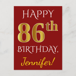 赤、フェイク金ゴールド86番目の誕生日+名前をカスタムする ポストカード