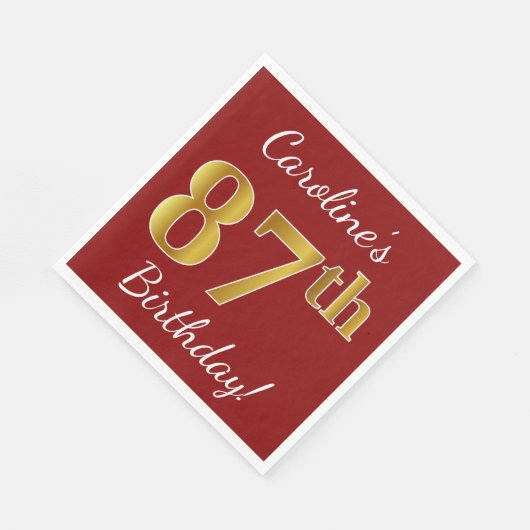 赤、フェイク金ゴールド87番目の誕生日+名前をカスタムする スタンダードランチョンナプキン (角)