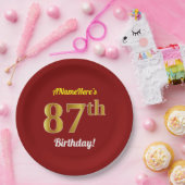 赤、フェイク金ゴールド87番目の誕生日+名前をカスタムする ペーパープレート (パーティー)