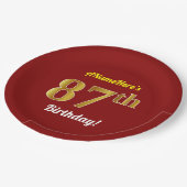 赤、フェイク金ゴールド87番目の誕生日+名前をカスタムする ペーパープレート (アングル)